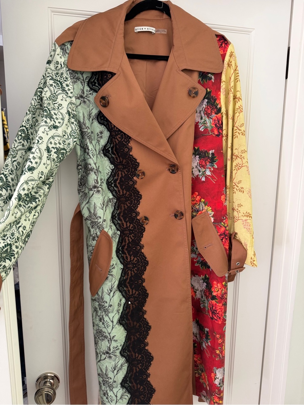 Alice + Olivia Brown Patchwork Floral Trench Coat with Red and Yellow Panels - Picture 5 of 9